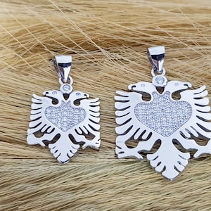 925 Silver Albanian Eagle Double Eagle Flag Tag Pendant Zirconia Stones