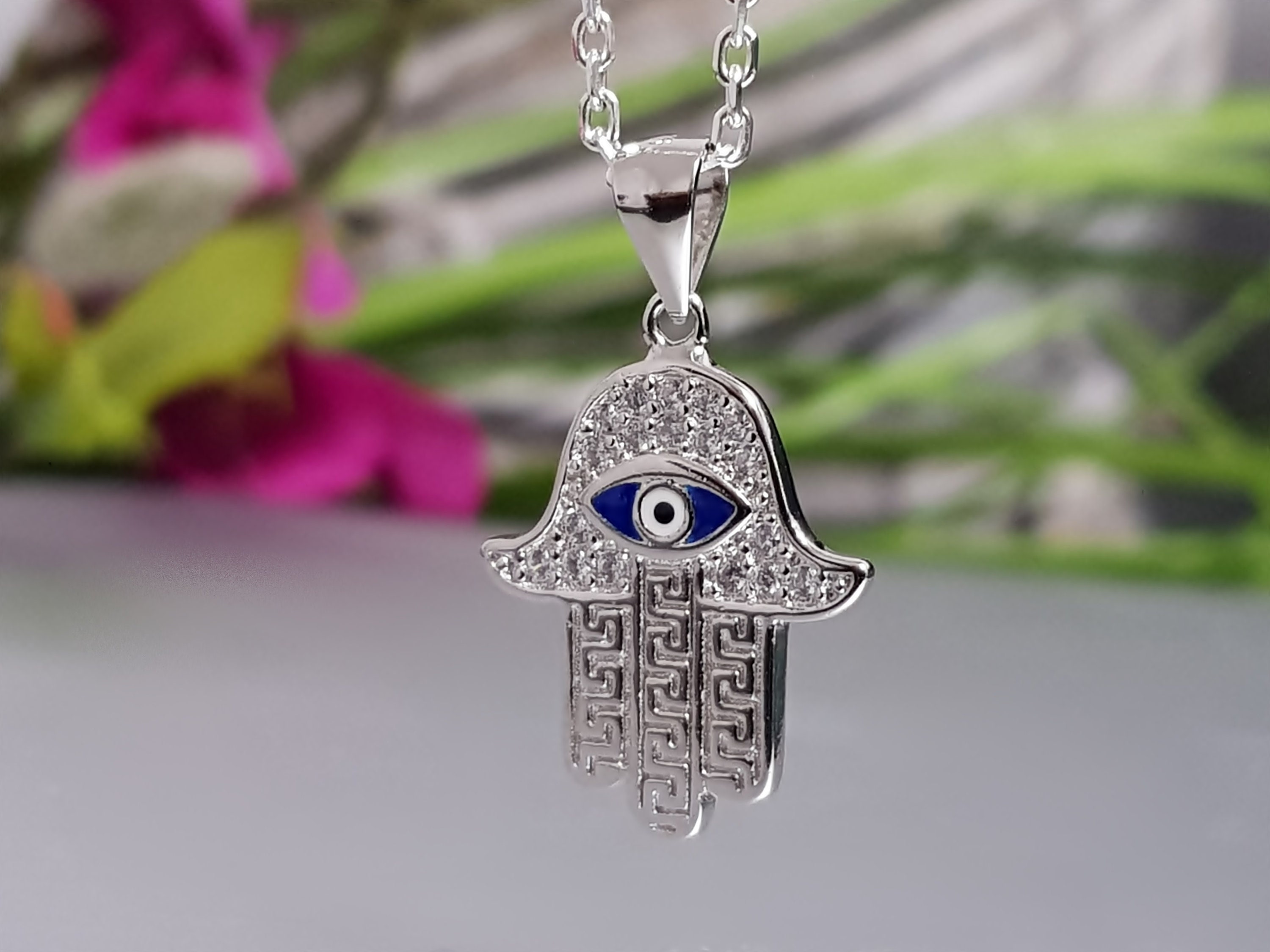 Collana con l'occhio della mano di Hamsa: gioielli di protezione di Fatima in argento sterling - Italia