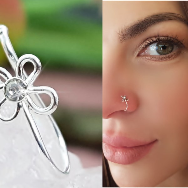 925 Sterling Silver Fake Faux Clamps Flower Clover Nose Piercing Spiral Shape Nose Ring Piercing Helix Ring Nose Piercing