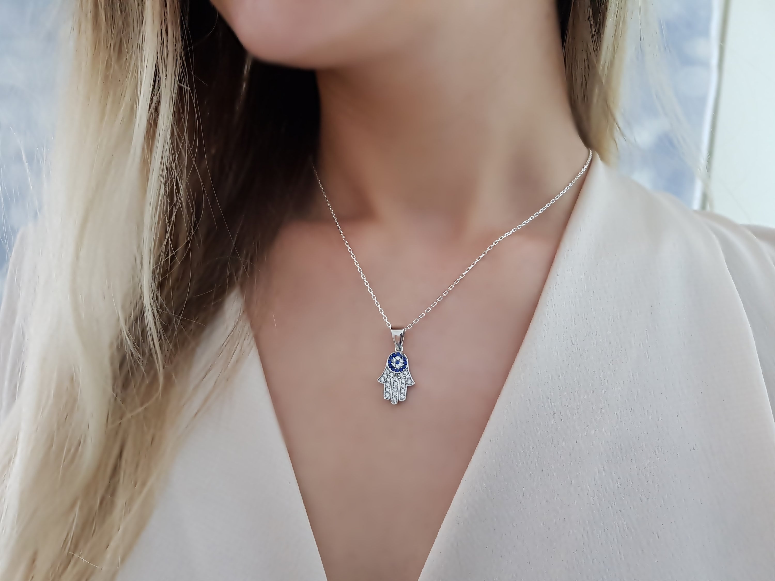 Pendentif Argent 'Oeil de Fatma' bleu argenté (rhodié) - 10 mm - [R9549 Pendentif Argent 'Oeil de Fatma' bleu argenté (rhodié) - 10 mm - [R9549