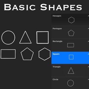May include: A black background with white outlines of basic shapes: circle, triangle, square, rectangle, pentagon, hexagon. On the right side of the image, a list of the shapes with their names in white text on a blue background.