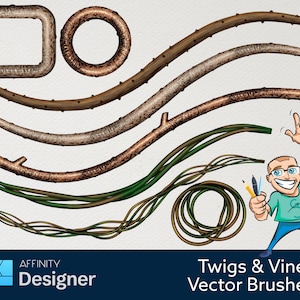 Peut inclure: Un ensemble de pinceaux vectoriels pour Affinity Designer représentant des brindilles et des vignes. Les pinceaux sont présentés dans différentes formes et tailles, avec un personnage de dessin animé tenant un crayon et une règle.