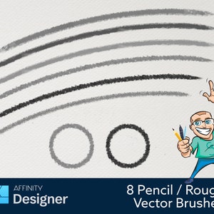 Könnte beinhalten: Acht Bleistift- oder raue Vektorpinsel für digitale Kunst. Die Pinsel werden als Linien und Kreise dargestellt. Das Bild enthält auch das Affinity Designer-Logo und den Text "8 Pencil / Rough Vector Brushes".