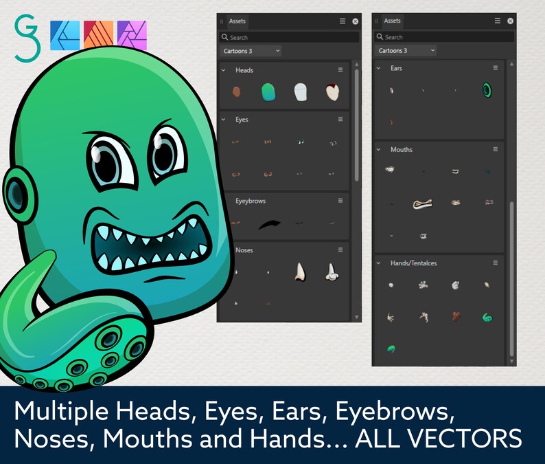 MONSTERS Cartoon Faces and Hands Vector Assets 3 Affinity Designer image 2