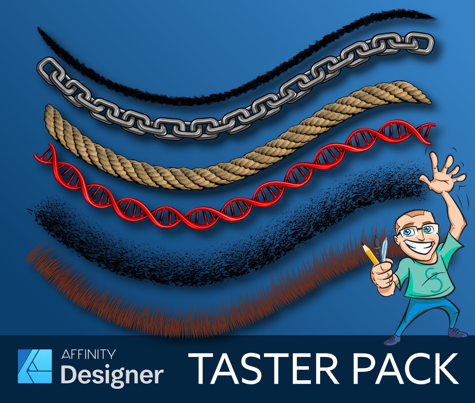 Taster Pack: 6 Affinity Designer Vector Brushes — Pencil, Chain, Rope, DNA, Texture, Fur