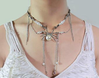 Spider Charm Choker Necklace, Goth Necklace, Pearl Necklace