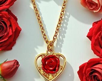 Rote Rose Herz Halskette, Ewige Romantische Anhänger, Edelstahl Schmuck, Geschenk für Sie