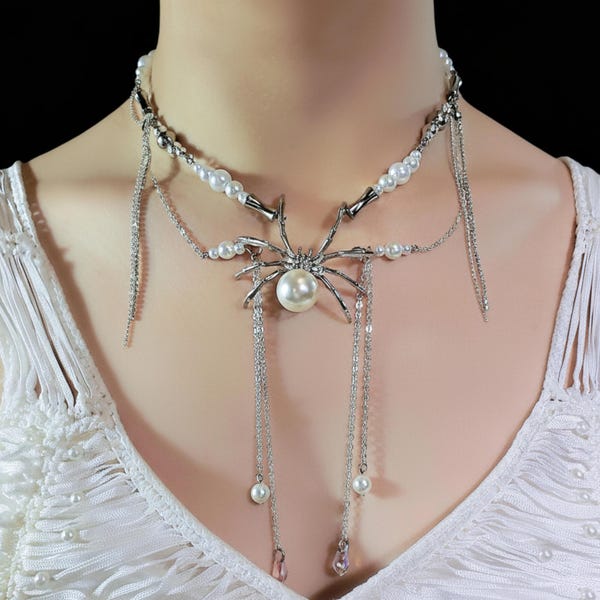Spider Pearl Choker Necklace, Gothic Cosplay Jewelry