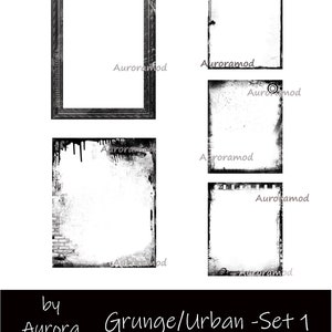 Grunge/Urban Digitale Randen/Frames, Fotoknipmaskers. Set van 5 PSD's, Photoshop Overlays, Instant Download - Set 1
