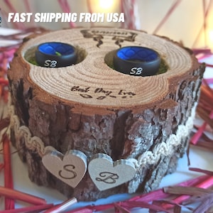 Rustic Raw Wood Ring Bearer With Green Moss, Personalized Tree Stump Ring Bearer Pillow Alternative, Custom Engraved Ring Holder Tree Log