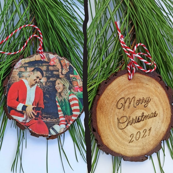 Christmas 2023  Photo Transfer Personalized Handmade Ornament, Custom Engraved Name, Real Wood Custom Made Ornament , Unique Gift Him Her