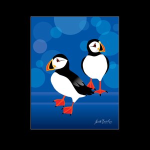 May include: Two cartoon puffins with orange beaks and feet stand on a blue background with white circles. The puffin on the left is facing the right and the puffin on the right is facing the left. The background is a blue gradient with white circles.