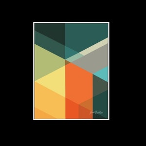 May include: Abstract geometric art print with a mix of yellow, orange, green, blue, and gray colors. The print is framed in a white frame.
