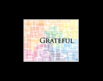 May include: A colorful abstract design with a rainbow color scheme. The word "GRATEFUL" is in the center of the design.