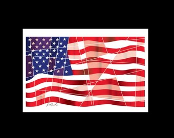 May include: Abstract artwork of the American flag. The flag design features red and white stripes with a blue field of white stars. The flag is stylized with geometric shapes and lines. The artwork is framed in white.