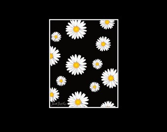 May include: A black background with a white frame.  The frame contains a pattern of white daisies with yellow centers.  The daisies are scattered randomly across the background.