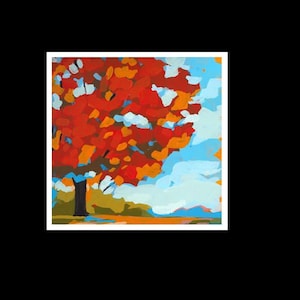 May include: An abstract painting of a tree with vibrant red and orange leaves. The tree's dark trunk contrasts with the colorful foliage against a backdrop of blue sky and white clouds. The artwork is framed in a white border.