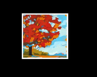 May include: An abstract painting of a tree with vibrant red and orange leaves. The tree's dark trunk contrasts with the colorful foliage against a backdrop of blue sky and white clouds. The artwork is framed in a white border.