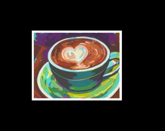 May include: A colorful painting of a cup of coffee with a heart-shaped design in the foam. The cup is teal, sitting on a green saucer. The background is a mix of purple and brown.