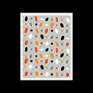 May include: Abstract geometric design featuring a repeating pattern of colorful ovals and circles. The ovals are in shades of orange, red, black, and white, connected by white lines on a gray background. The design is framed with a white border.