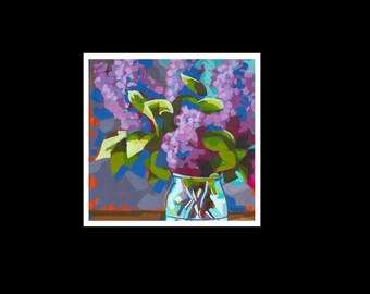 May include: An abstract painting of purple lilacs in a clear glass vase. The artwork features vibrant colors, including shades of purple, green, and blue. The brushstrokes are visible, creating a textured effect. The painting is set against a neutral background.