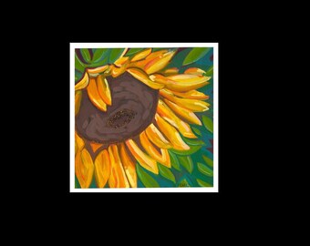 May include: A vibrant painting of a sunflower, showcasing a large, dark brown center and bright yellow petals. The petals are painted with visible brushstrokes, and green leaves are visible in the background. The artwork is set against a dark background.