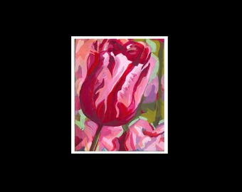 May include: A vibrant painting of a red tulip in full bloom. The artwork features bold brushstrokes and a palette of reds, pinks, and greens. The tulip is the focal point, set against a colorful, abstract background.