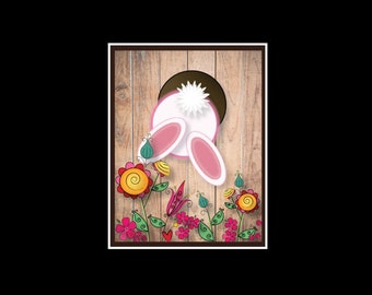May include: A white bunny rabbit with pink ears peeks out of a hole in a wooden fence.  Colorful flowers and vines grow around the hole.