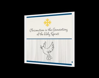 May include: A white card with blue borders and text that reads "Chrismation is the Anointing of the Holy Spirit." The card features a yellow cross and a dove holding an olive branch.