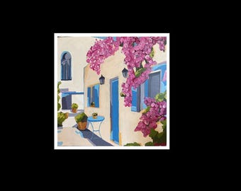 May include: An acrylic painting depicts a sunlit Mediterranean scene. A white building with blue shutters and a door is adorned with vibrant pink bougainvillea. A small blue table and potted plants add to the charming outdoor setting.