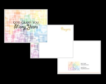 May include: A rainbow-colored card with the text "GOD GRANT YOU Many Years" and the word "Prayers" in gold lettering. The card is designed for sending well wishes and blessings.