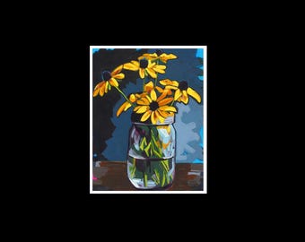 May include: A painting of yellow and black sunflowers in a clear glass jar filled with water. The jar sits on a wooden surface against a dark blue background. The flowers are the focal point, with their bright yellow petals and dark centers.
