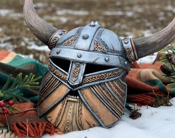 Dwarf helmet with horns and beard for LARP and fantasy cosplay, EVA foam armor, viking king helmet with celtic knot decor (Made to order)