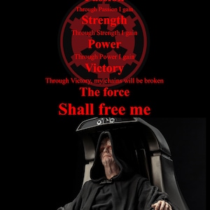 May include: A black and white image of a man in a black robe sitting on a throne. The text "Peace is a Lie, There is only Passion Through Passion I gain Strength Through Strength I gain Power Through Power I gain Victory Through Victory, my chains will be broken The force Shall free me" is written in red on a black background.