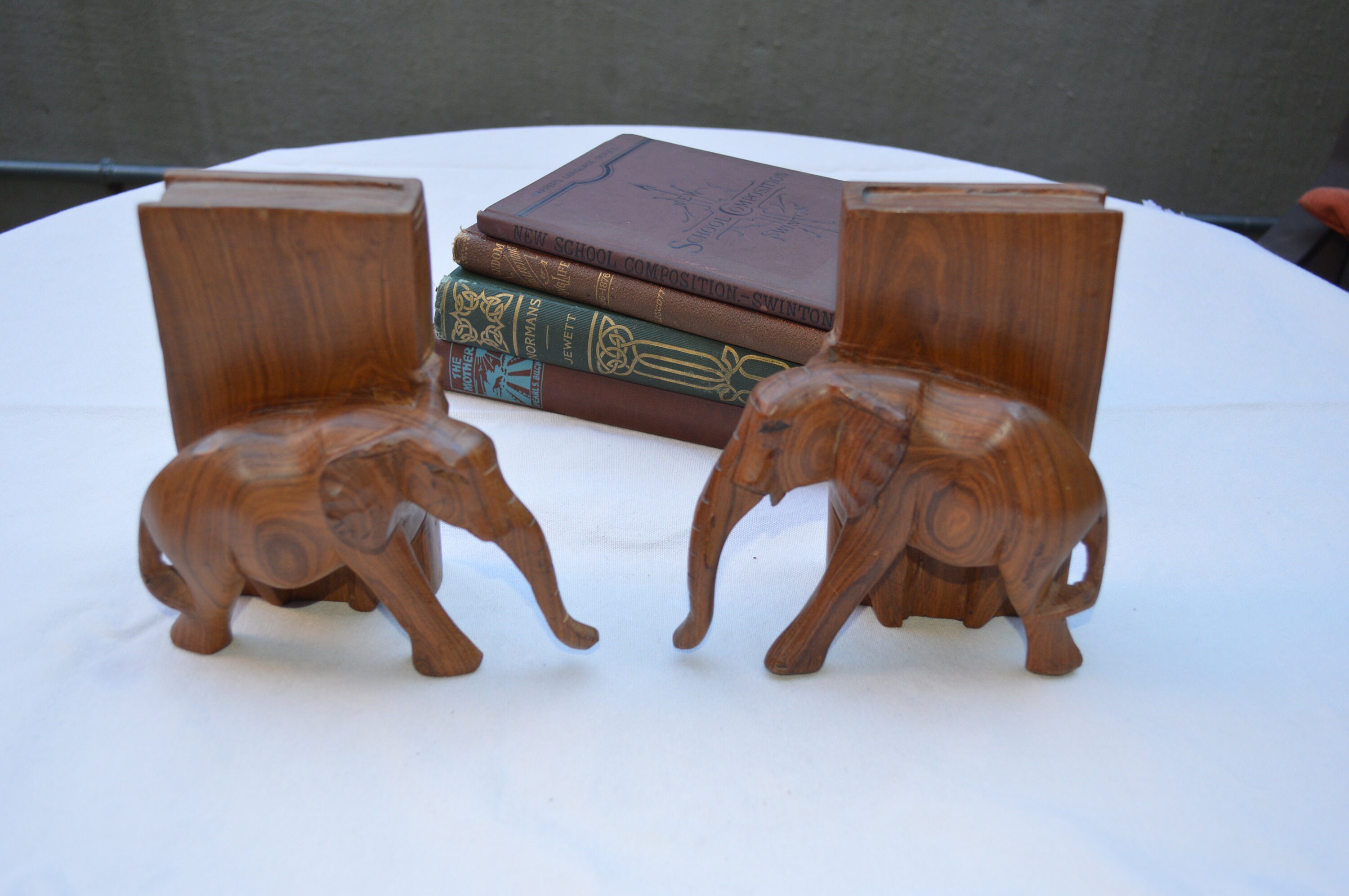 Hand Carved Wood Elephant Bookends Vintage Etsy