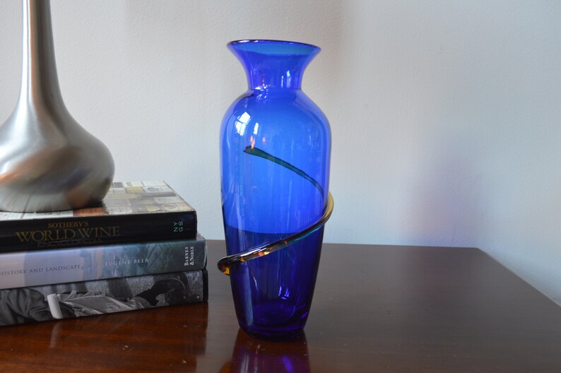 Vintage Blenko Glass Co Cobalt Blue Vase With Amber Glass Etsy