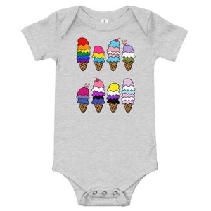 May include: A grey baby onesie with a design of ice cream cones in a rainbow of colors. The ice cream cones are arranged in two rows of five.