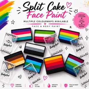 May include: A collection of rectangular Global Colours BodyArt split cake face paint containers featuring various multi-coloured striped patterns. The text reads Split Cake Face Paint, Multiple Colourways Available, Face & Body Paint, Vibrant Colours, Easy To Use, Smooth Blend.