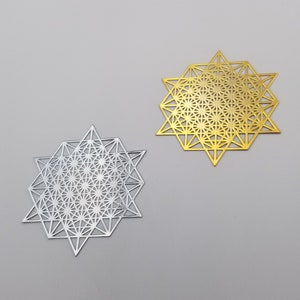 6) 64 tetraëder rooster orgonite Metalen sticker Heilige Geometrie symbolen 64 tetraëder orgone metalen sticker Energie sticker Mandala piramide