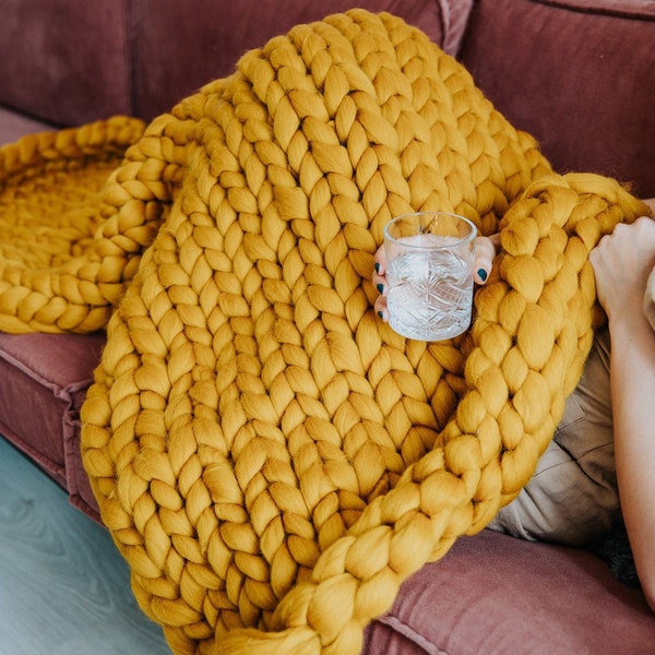 Couverture en tricot chunky - Plaid en laine mérinos XXL - Jeté géant en tricot de bras