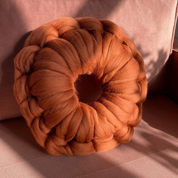 Round Donut Pillow - Super Chunky Knit Cushion - Soft Merino Wool Throw