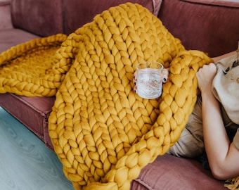 Chunky Knit Blanket - XXL Merino Wool Plaid - Giant Armknit Throw