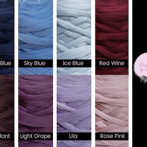 May include: A close-up of ten different colors of yarn, including navy blue, sky blue, ice blue, red wine, eggplant, light grape, lila, and rose pink. The yarn is arranged in rows, with each color taking up one row. The yarn is all the same thickness and texture, and it is all made of wool. The yarn is labeled with the color name below each row. The text "Wools by Nicky" is in the upper right corner of the image.