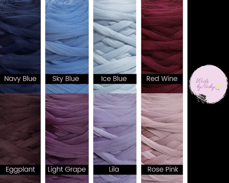 May include: A close-up of ten different colors of yarn, including navy blue, sky blue, ice blue, red wine, eggplant, light grape, lila, and rose pink. The yarn is arranged in rows, with each color taking up one row. The yarn is all the same thickness and texture, and it is all made of wool. The yarn is labeled with the color name below each row. The text "Wools by Nicky" is in the upper right corner of the image.