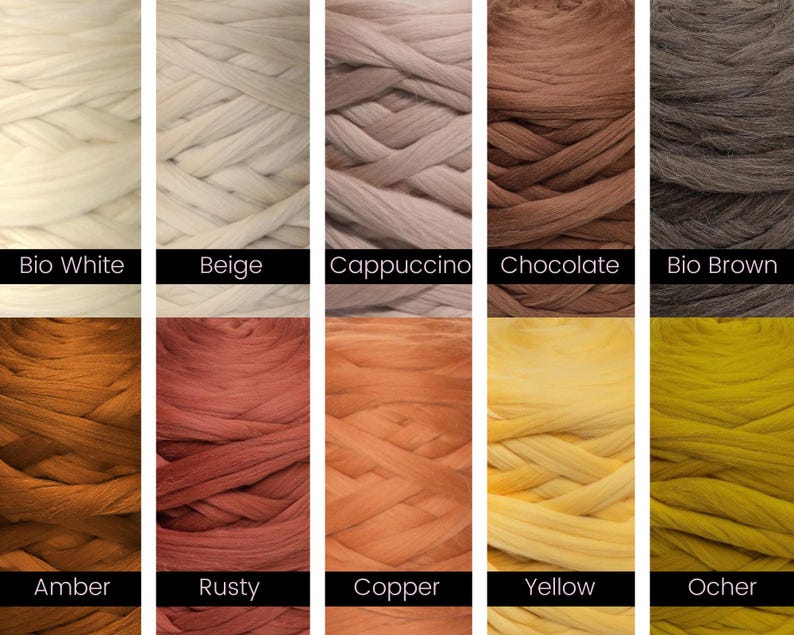 May include: A collection of ten different colors of wool roving, including Bio White, Beige, Cappuccino, Chocolate, Bio Brown, Amber, Rusty, Copper, Yellow, and Ocher.