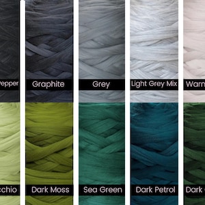May include: Ten skeins of yarn in various colors, including salt and pepper, graphite, grey, light grey mix, warm grey, pistachio, dark moss, sea green, dark petrol, and dark green.