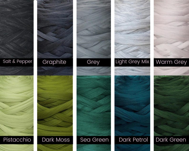 May include: Ten skeins of yarn in various colors, including salt and pepper, graphite, grey, light grey mix, warm grey, pistachio, dark moss, sea green, dark petrol, and dark green.