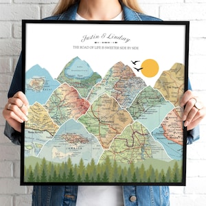 Wedding Anniversary Gift for Husband & Wife | Personalized Travel Map | Unique Couple Gifts | 3-20 Locations Mountain Wall Art