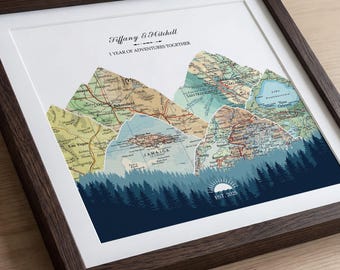 1st Wedding Anniversary Gift, Personalized Couples Travel Map, Paper Anniversary Keepsake