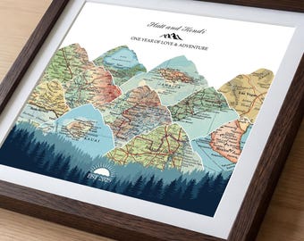 First Wedding Anniversary Gift for Her, Personalized Couples Travel Map, Paper Anniversary Keepsake
